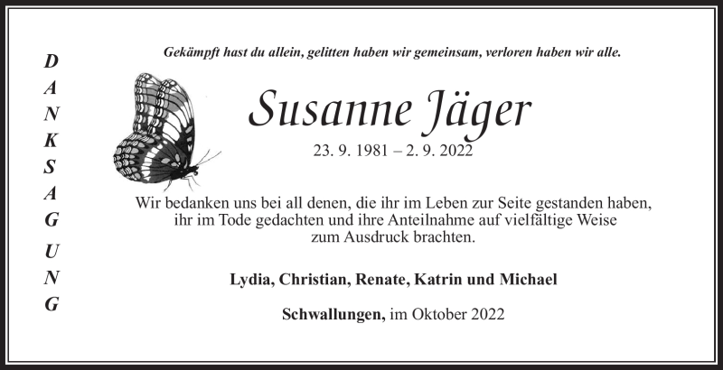  Traueranzeige für Susanne Jäger vom 01.10.2022 aus Südthüringer Presse