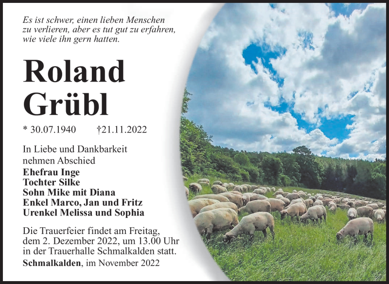 Traueranzeige für Roland Grübl vom 26.11.2022 aus Südthüringer Presse