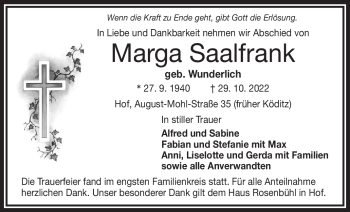 Traueranzeige von Marga Saalfrank von Frankenpost
