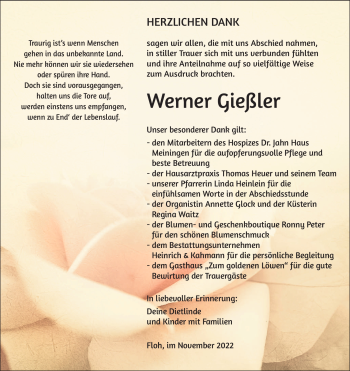 Traueranzeige von Werner Gießler von Südthüringer Presse