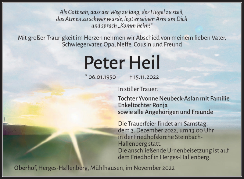  Traueranzeige für Peter Heil vom 26.11.2022 aus Südthüringer Presse
