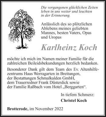 Traueranzeige von Karlheinz Koch von Südthüringer Presse