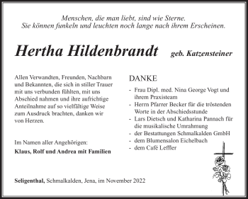 Traueranzeige von Hertha Hildenbrand von Südthüringer Presse