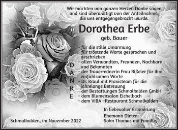 Traueranzeige von Dorothea Erbe von Südthüringer Presse
