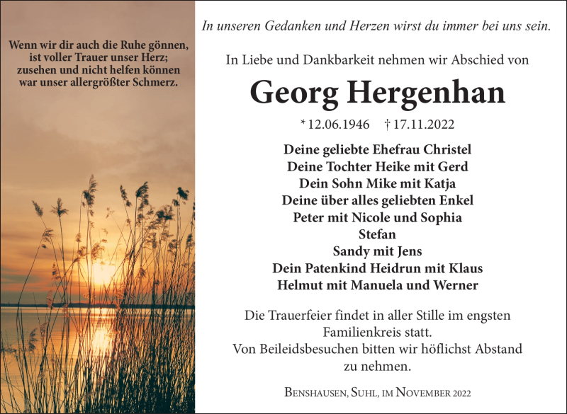  Traueranzeige für Georg Hergenhan vom 26.11.2022 aus Südthüringer Presse