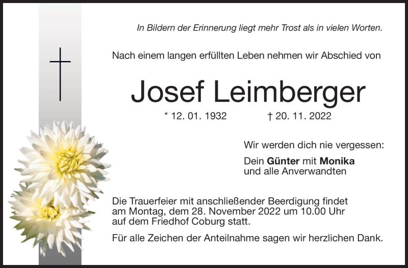  Traueranzeige für Josef Leimberger vom 25.11.2022 aus Neue Presse Coburg