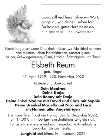 Traueranzeige von Elsbeth Reum von Südthüringer Presse