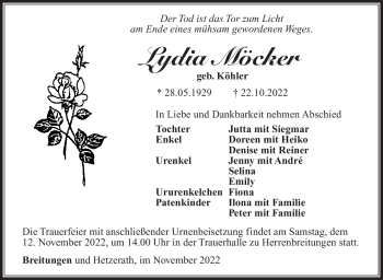 Traueranzeige von Lydia Möcker von Südthüringer Presse