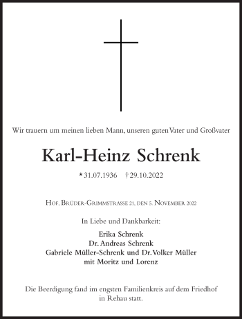 Traueranzeige von Karl-Heinz Schrenk von Frankenpost