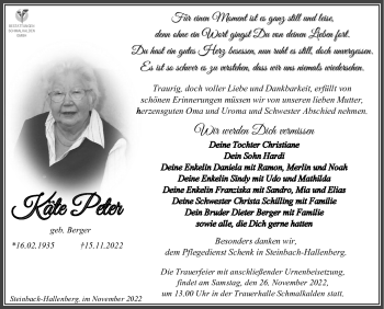 Traueranzeige von Käte Peter von Südthüringer Presse