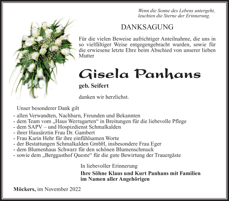  Traueranzeige für Gisela Panhans vom 12.11.2022 aus Südthüringer Presse