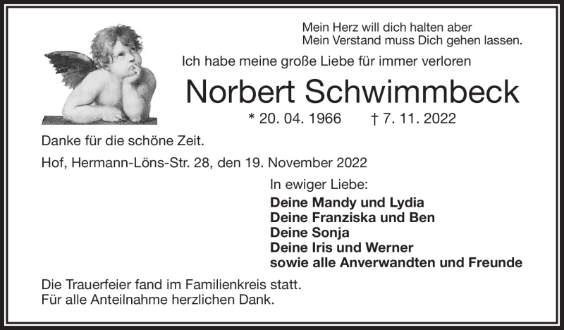 Traueranzeige für Norbert Schwimmbeck vom 19.11.2022 aus Frankenpost