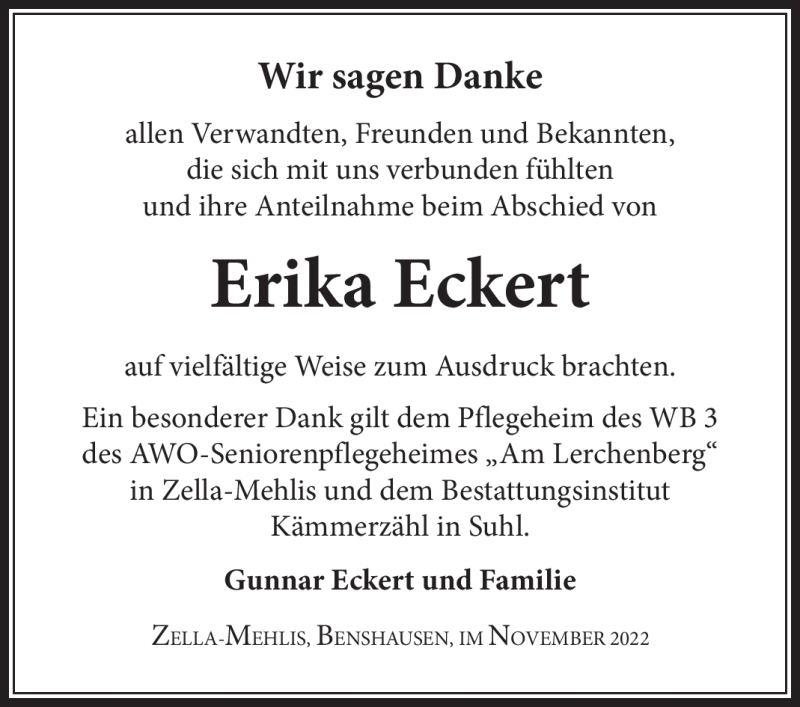  Traueranzeige für Erika Eckert vom 05.11.2022 aus Südthüringer Presse