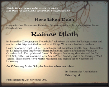 Traueranzeige von Rainer Uloth von Südthüringer Presse
