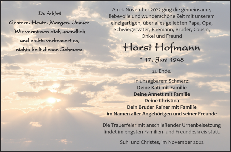 Traueranzeige für Horst Hofmann vom 12.11.2022 aus Südthüringer Presse