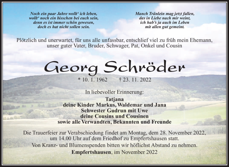  Traueranzeige für Georg Schröder vom 25.11.2022 aus Südthüringer Presse