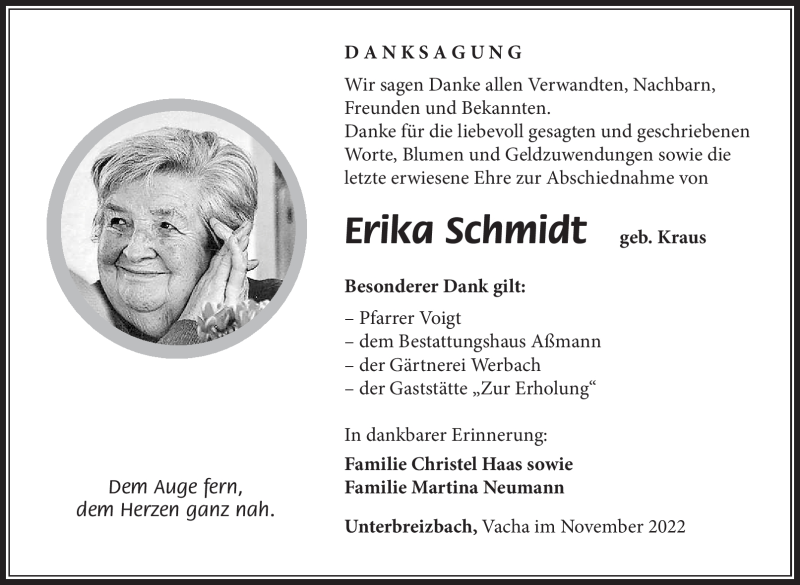  Traueranzeige für Erika Schmidt vom 25.11.2022 aus Südthüringer Presse
