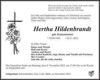 Traueranzeige von Hertha Hildenbrandt von Südthüringer Presse