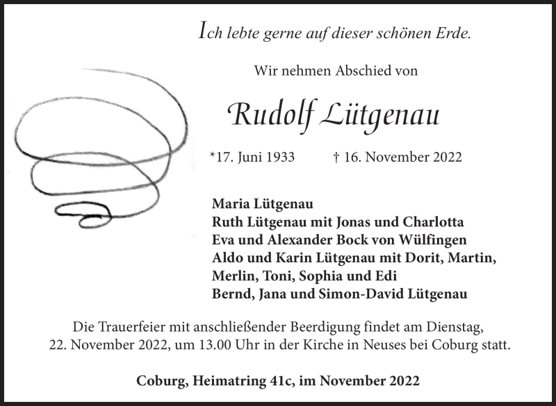  Traueranzeige für Rudolf Lütgenau vom 19.11.2022 aus Südthüringer Presse