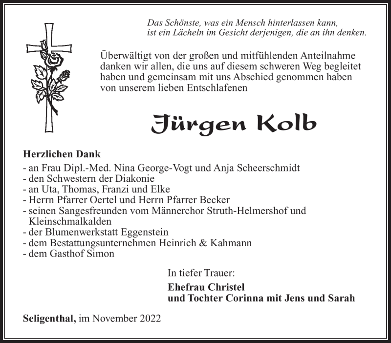 Traueranzeige für Jürgen Kolb vom 05.11.2022 aus Südthüringer Presse