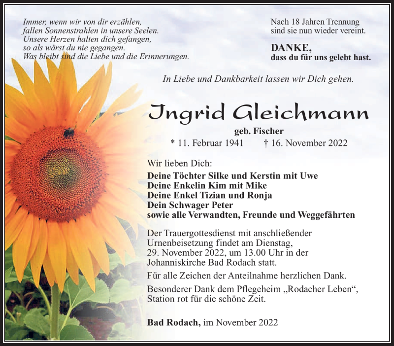  Traueranzeige für Ingrid Gleichmann vom 19.11.2022 aus Südthüringer Presse