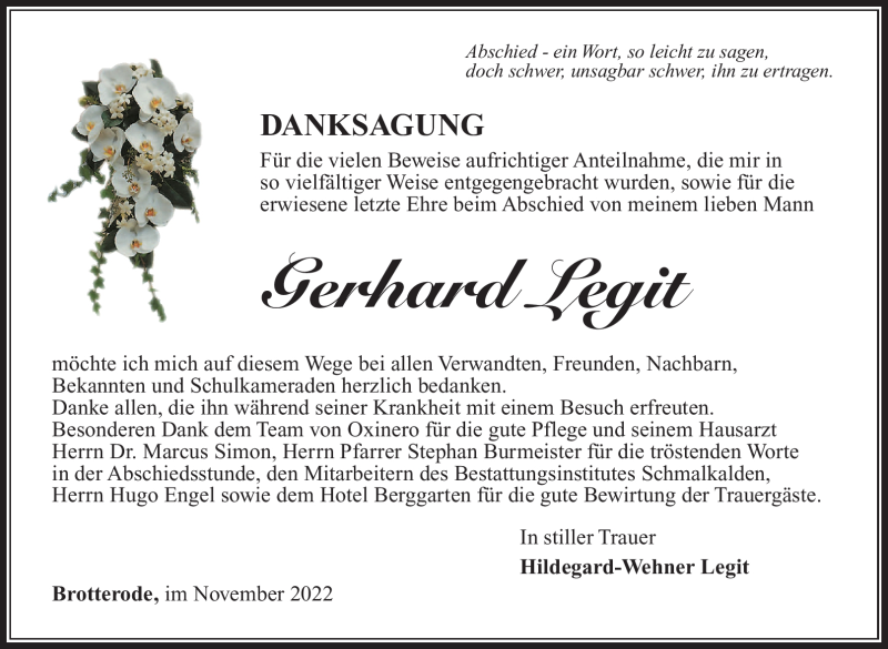  Traueranzeige für Gerhard Legit vom 05.11.2022 aus Südthüringer Presse