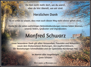 Traueranzeige von Manfred Schwarz von Südthüringer Presse