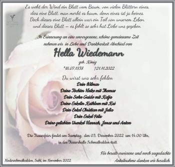 Traueranzeige von Hella Wiedemann von Südthüringer Presse