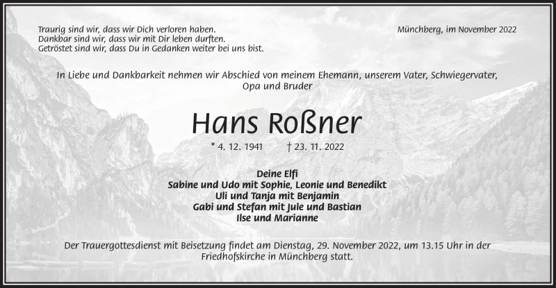  Traueranzeige für Hans Roßner vom 26.11.2022 aus Frankenpost