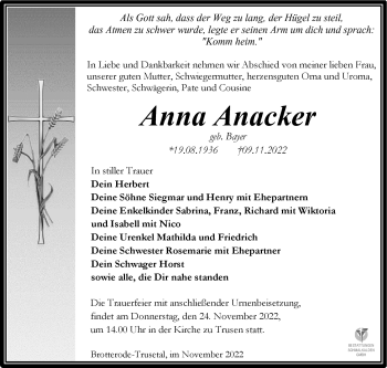 Traueranzeige von Anna Anacker von Südthüringer Presse