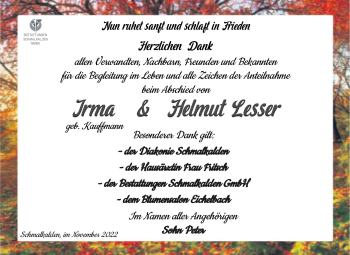 Traueranzeige von HelmutIrma LesserLesser von Südthüringer Presse