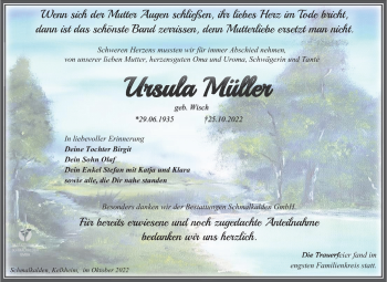 Traueranzeige von Ursula Müller von Südthüringer Presse