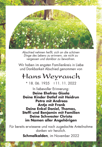 Traueranzeige von Hans Weyrauch von Südthüringer Presse