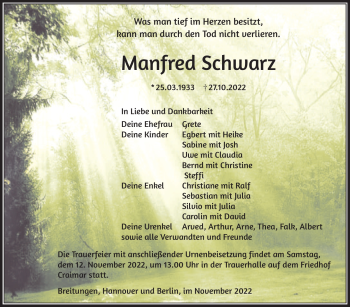 Traueranzeige von Manfred Schwarz von Südthüringer Presse