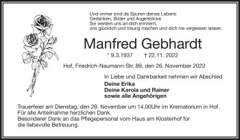 Traueranzeige von Manfred Gebhardt von Frankenpost
