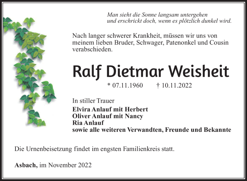  Traueranzeige für Ralf Dietmar Weisheit vom 29.11.2022 aus Südthüringer Presse
