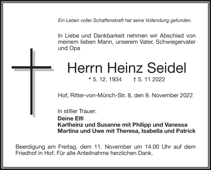  Traueranzeige für Heinz Seidel vom 09.11.2022 aus Frankenpost