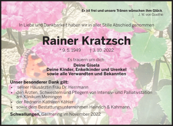Traueranzeige von Rainer Kratzsch von Südthüringer Presse