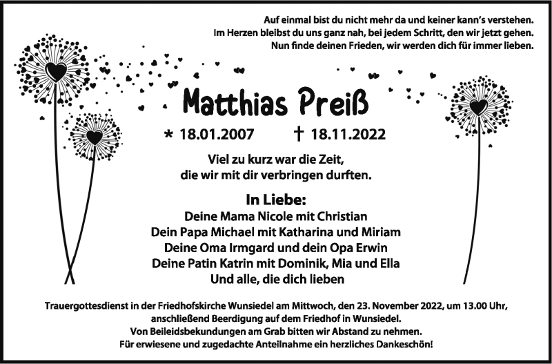  Traueranzeige für Matthias Preiß vom 22.11.2022 aus Frankenpost