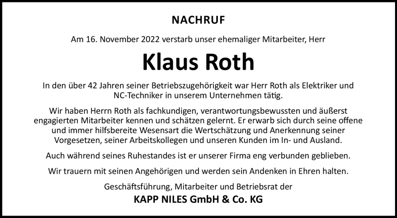  Traueranzeige für Klaus Roth vom 23.11.2022 aus Neue Presse Coburg