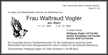 Traueranzeige von Waltraud Vogler von Frankenpost