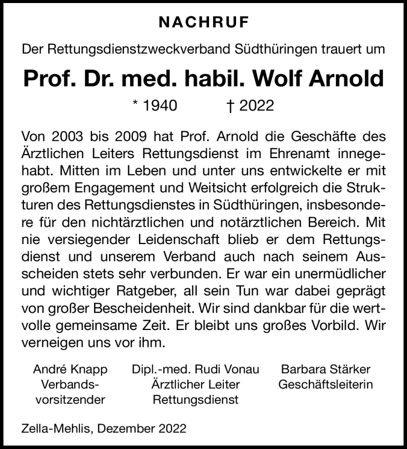  Traueranzeige für Wolf Arnold vom 03.12.2022 aus Südthüringer Presse