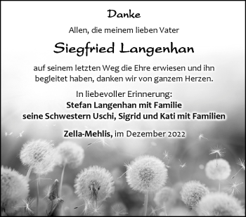 Traueranzeige von Siegfried Langenhan von Südthüringer Presse