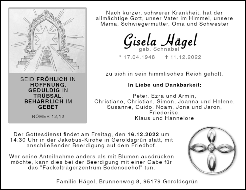  Traueranzeige für Gisela Hägel vom 14.12.2022 aus Frankenpost