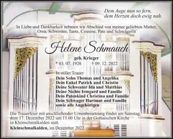 Traueranzeige von Helene Schmauch von Südthüringer Presse