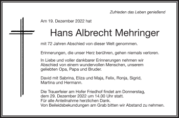 Traueranzeige von Hans Albert Mehringer von Frankenpost