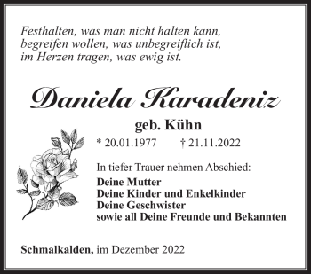 Traueranzeige von Daniela Karadeniz von Südthüringer Presse