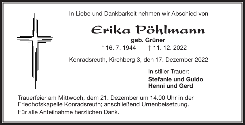  Traueranzeige für Erika Pöhlmann vom 17.12.2022 aus Frankenpost