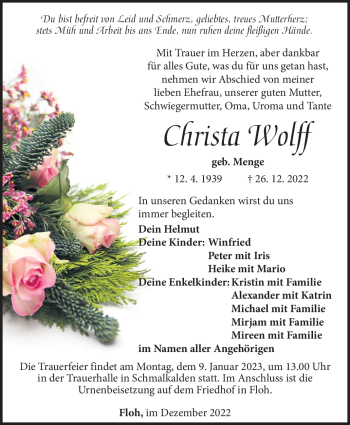 Traueranzeige von Christa Wolf von Südthüringer Presse