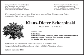 Traueranzeige von Klaus-Dieter Scherpinski von Südthüringer Presse